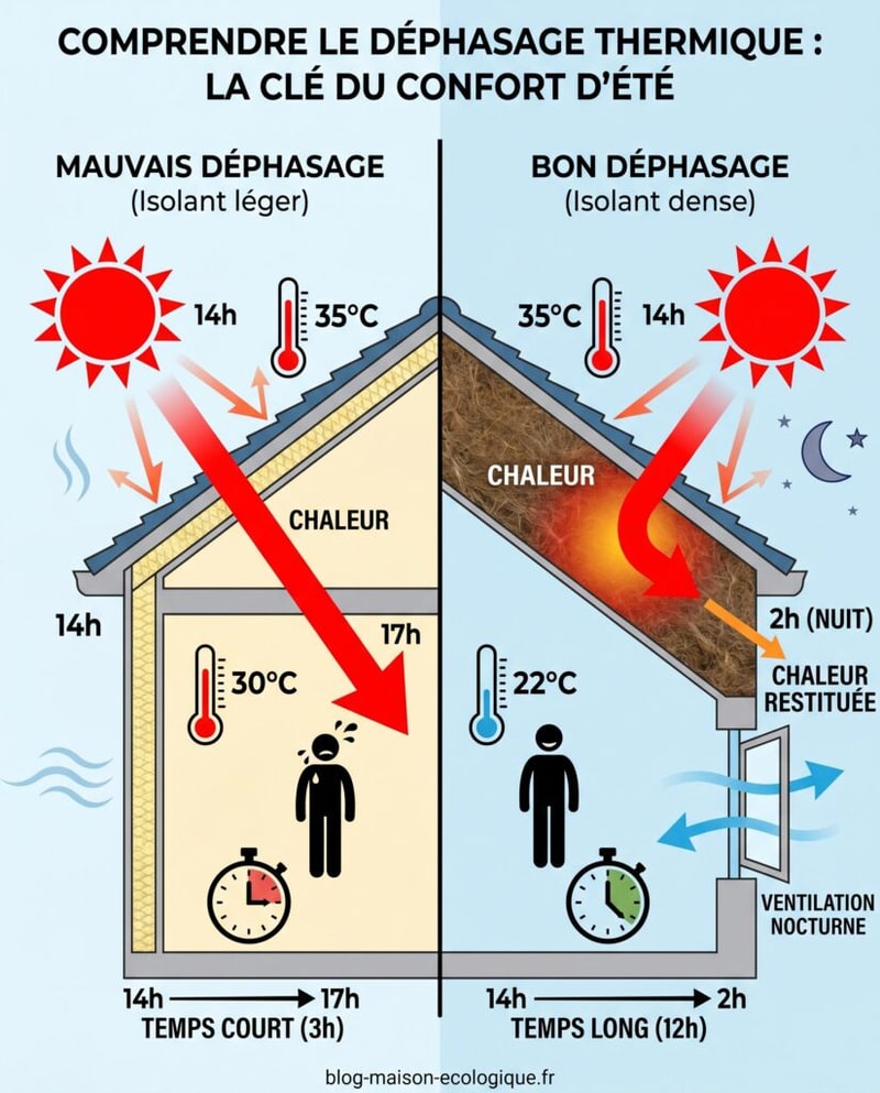 Schéma comparatif du déphasage thermique selon les isolants