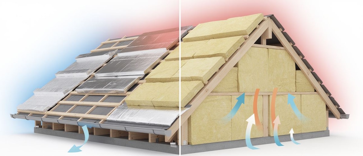 Schéma comparatif d'une toiture isolée par PMR seul vs laine de verre épaisse — flux de chaleur sous rayonnement solaire