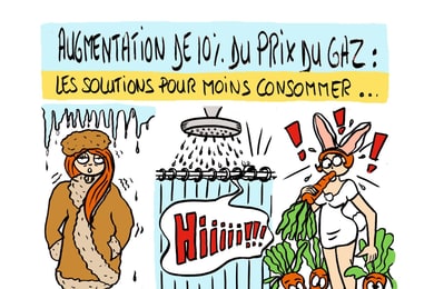 Illustration humoristique Miss Lilou : les fausses solutions face à la hausse du prix du gaz (canadienne l'hiver, douches froides, manger cru)