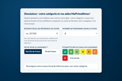 Simulateur MaPrimeRénov' 2026 de Rénov'Tout : revenu fiscal, taille du foyer, zone et étiquette DPE à renseigner pour connaître sa catégorie et ses aides
