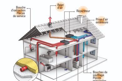 Schéma en coupe d'un échangeur thermique de VMC double flux avec flux d'air chaud sortant et air froid entrant